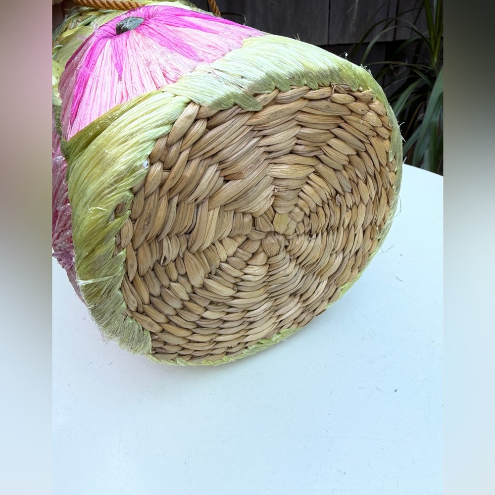 Vintage boho basket tote tall bag floral straw handles pink greens - Picture 7 of 10
